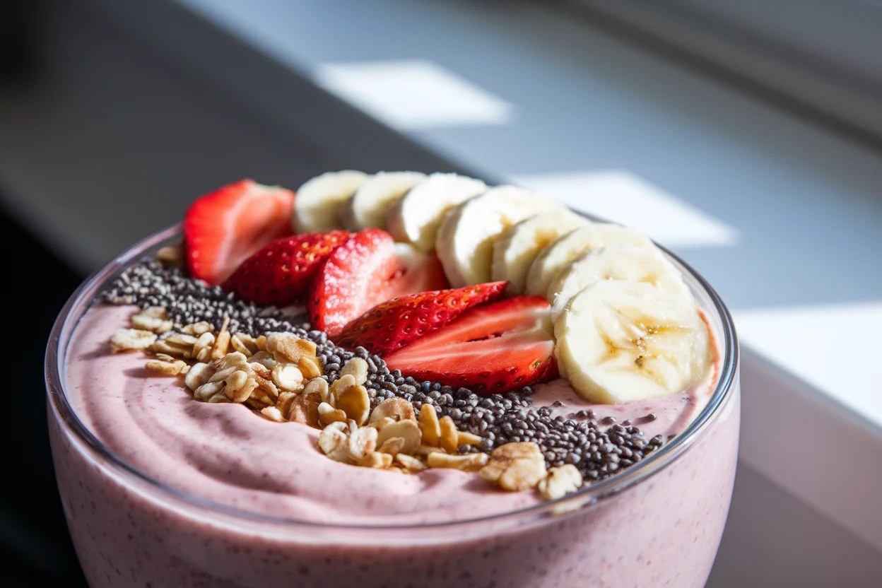 Strawberry banana smoothie bowl with fresh fruit toppings, granola, and chia seeds in a clean setting.