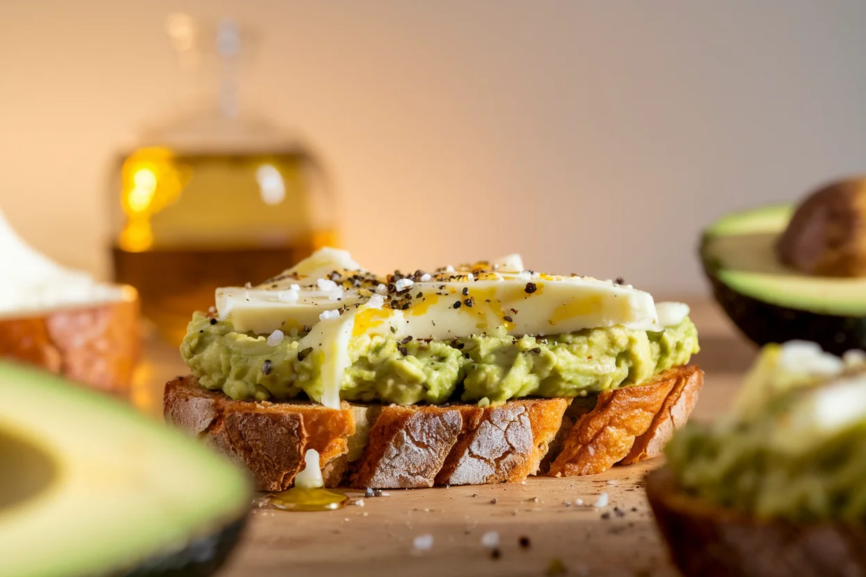 Avocado toast with cheese on a wooden table, showing creamy mashed avocado, melted cheese, and crispy golden-brown toast, photographed with natural light for a fresh, cozy ambiance. Perfect representation of an avocado toast recipe with cheese.