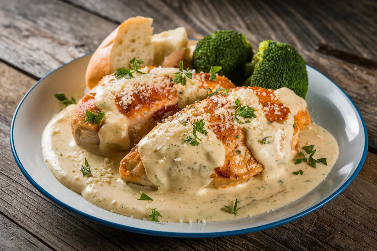 Plated baked chicken with Alfredo sauce, golden-brown chicken breasts with creamy sauce, sprinkled with parsley and Parmesan, perfect for a Baked Chicken Alfredo recipe.