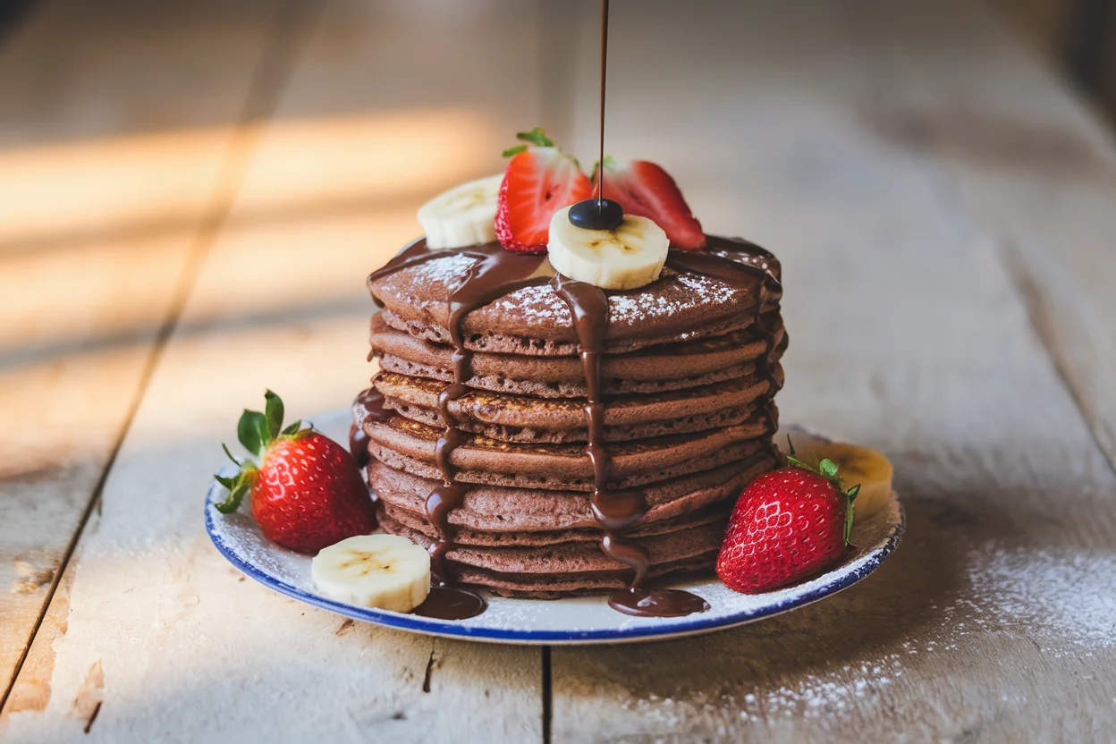 Delicious chocolate pancake recipe with fresh fruit and melted chocolate drizzle, showcasing the perfect final outcome of the recipe.