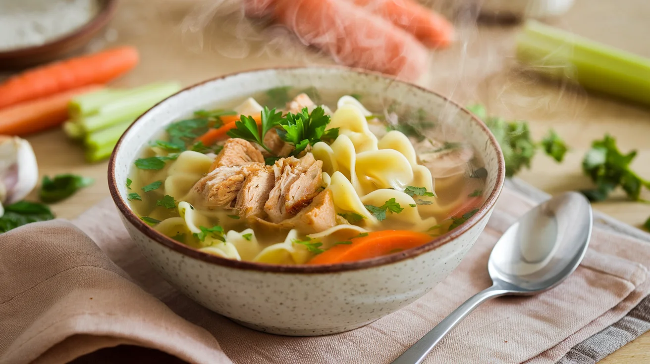 Vegan chicken noodle soup in a rustic bowl with plant-based chicken, vegetables, and noodles, captured in a cozy home kitchen setting.