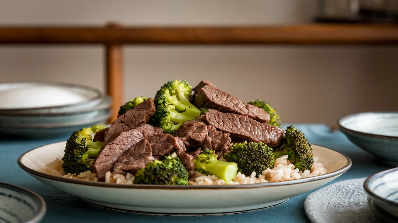 Delicious Beef and Broccoli Panda Express recipe served with rice, showcasing tender beef and crispy broccoli in a savory sauce, captured in an amateur kitchen setting.