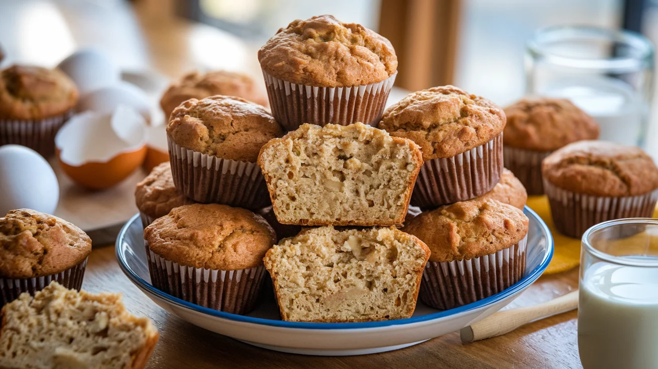 Healthy protein muffins recipe showcasing freshly baked muffins with a fluffy interior, made with protein powder and whole wheat flour for a nutritious snack.