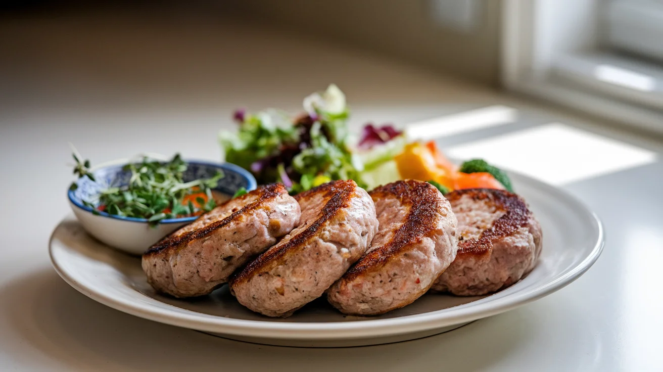 Low fat turkey sausage patties served with fresh herbs and vegetables, showcasing a healthy and delicious meal option.