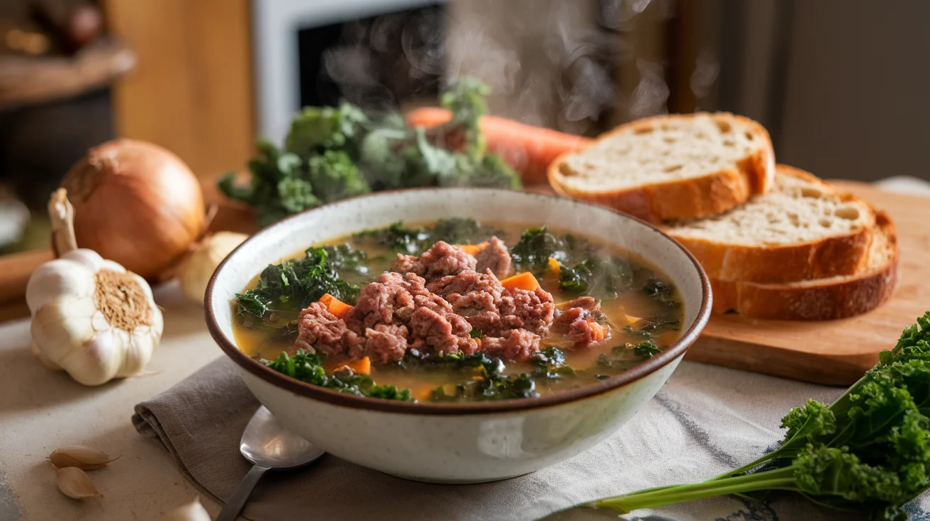 Ground beef and kale soup in a rustic bowl with toasted sourdough bread on the side, showcasing the hearty and healthy combination of ground beef and kale, perfect for a comforting meal.