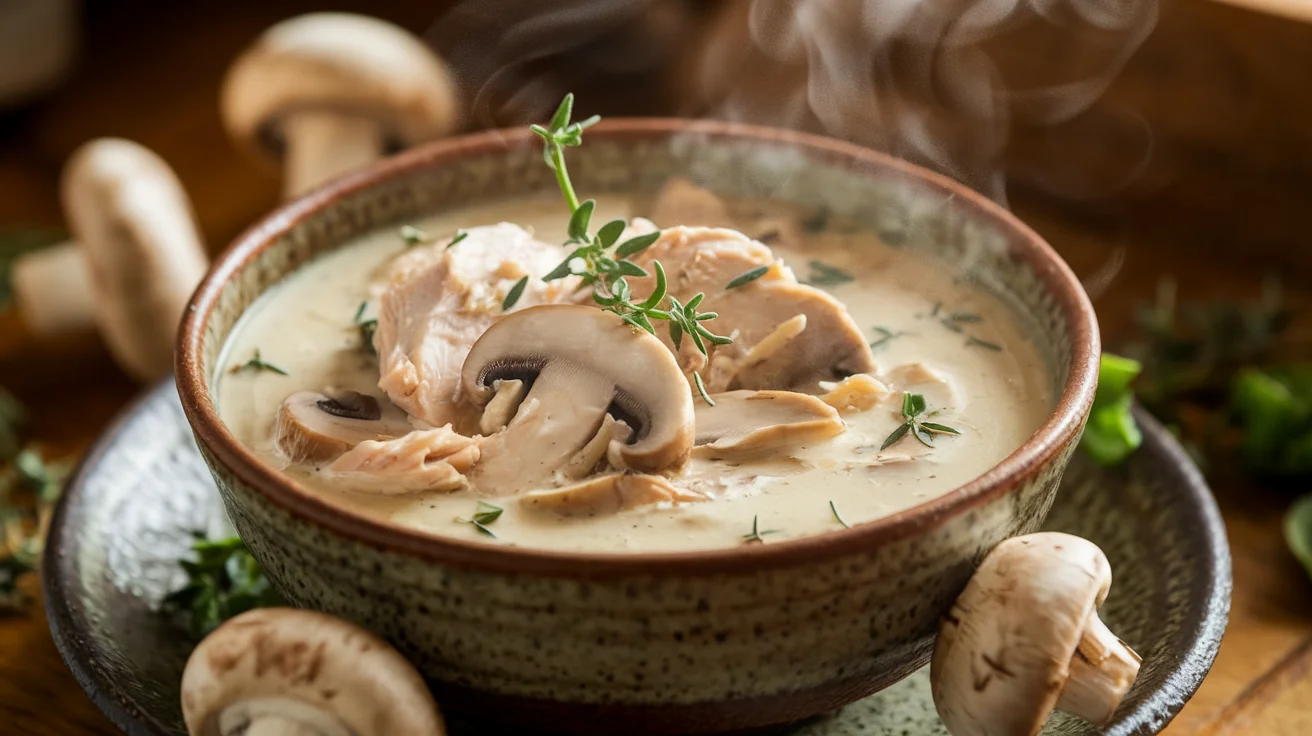 Delicious bowl of chicken and cream of mushroom soup with tender chicken pieces, mushrooms, and fresh herbs, showcasing the final outcome of the recipe.