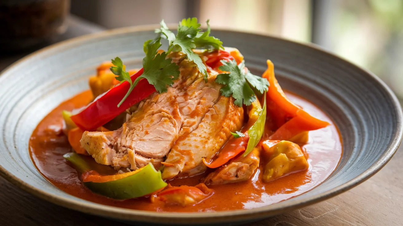 Delicious slow cooker Thai red curry chicken served in a bowl with vegetables, tender chicken, and a rich coconut milk sauce, garnished with fresh coriander.