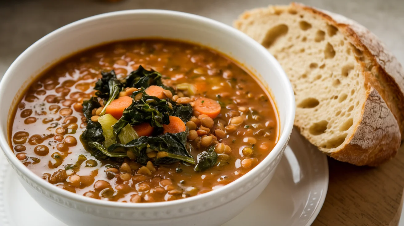 Final bowl of Goya Lentil Soup with fresh spinach and crusty bread, showcasing a hearty and healthy Goya lentil soup recipe.