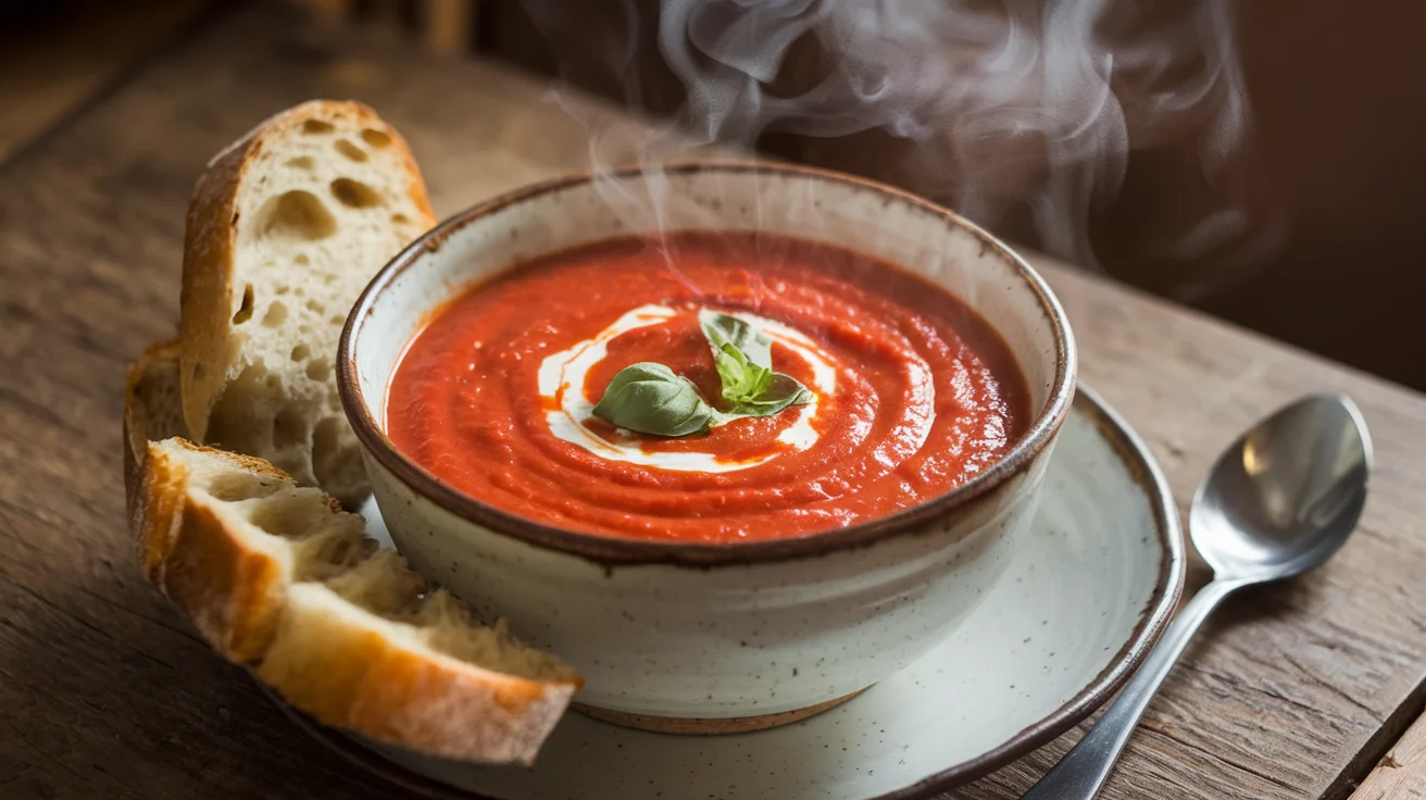 Homemade Panera creamy tomato soup served with toasted sourdough bread, garnished with cream and fresh basil, capturing the rich and smooth texture of the soup.