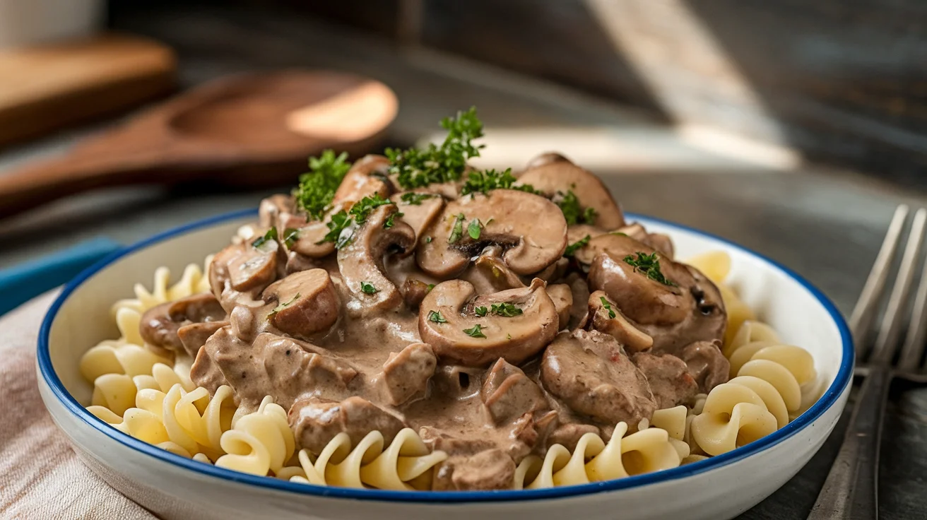 Gluten-free beef stroganoff served with gluten-free pasta, featuring tender beef, sautéed mushrooms, and a creamy sauce.