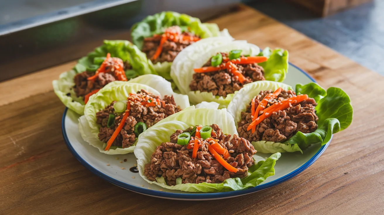 Ground beef lettuce wraps served on a wooden table, showcasing a fresh and healthy low-carb meal, perfect for a nutritious lunch or dinner.