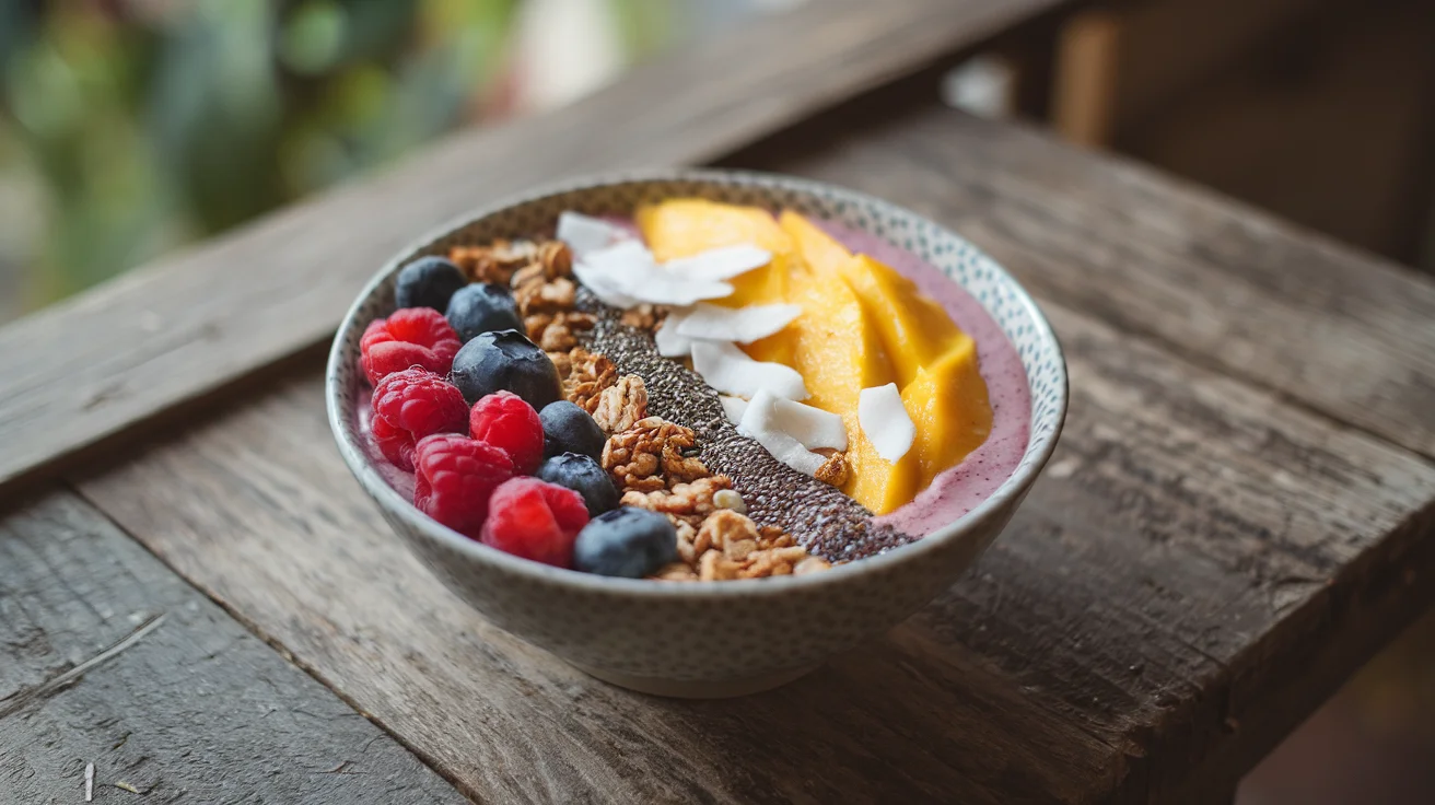 Delicious mango smoothie bowl with fresh berries, granola, chia seeds, and coconut flakes, perfect for a healthy breakfast or snack.