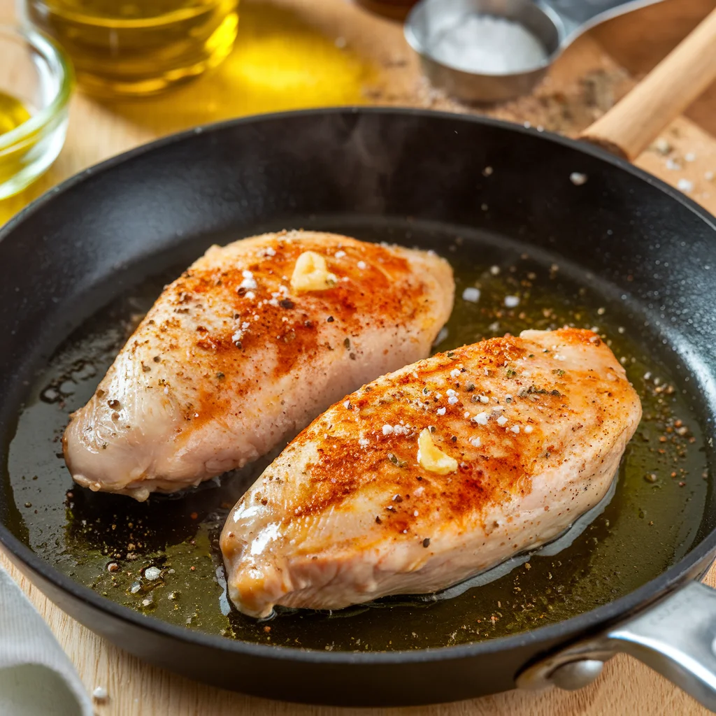 Cooking Buffalo chicken rice bowls meal prep in a skillet with seasoning and olive oil, showcasing the cooking process.