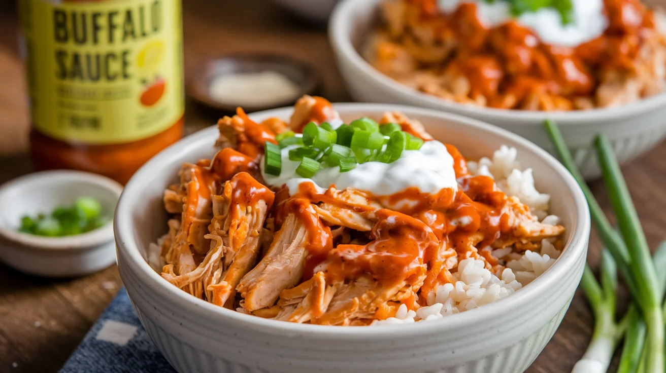 Buffalo chicken rice bowl meal prep with shredded chicken, rice, Greek yogurt, and green onions in a white bowl, ready for a healthy meal.