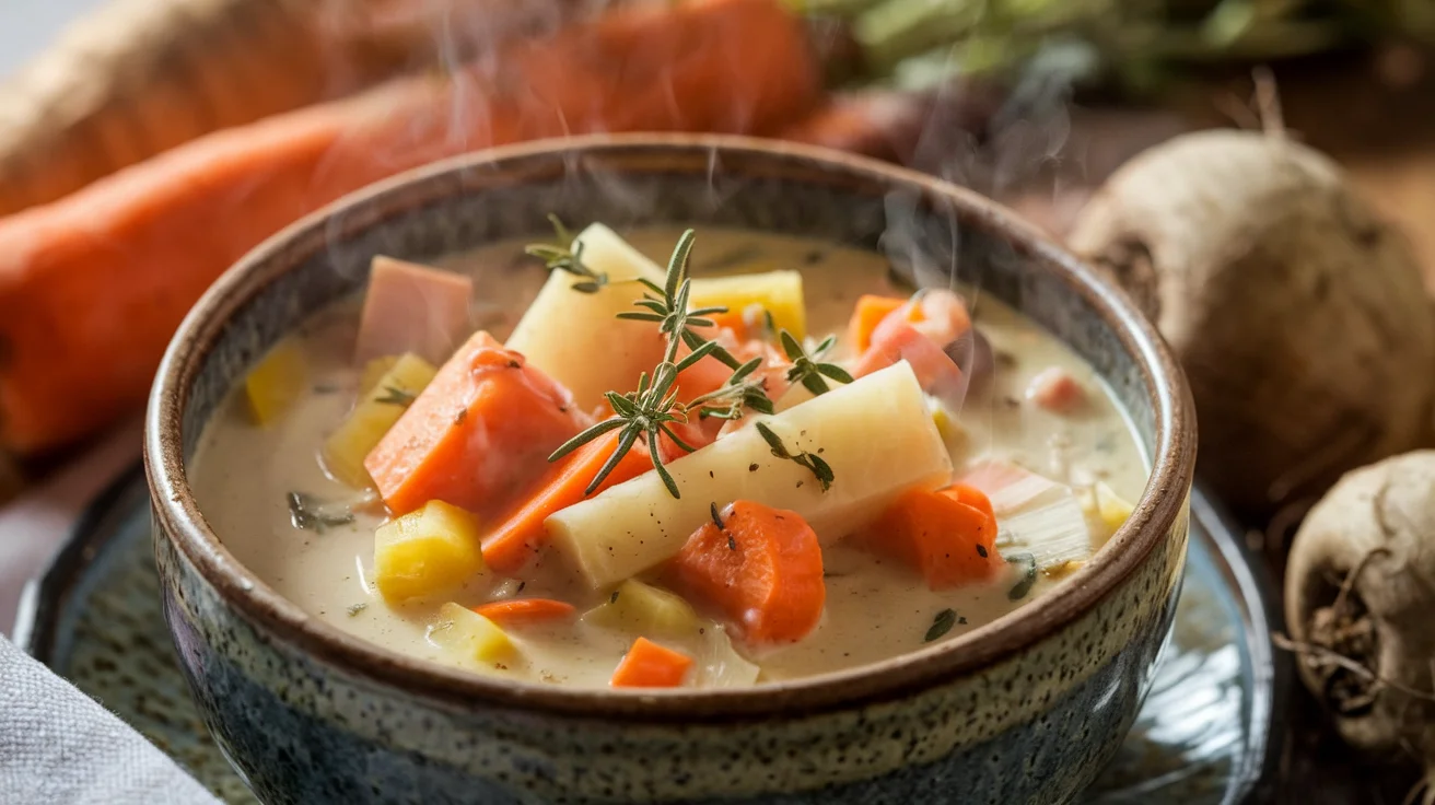 Delicious winter root vegetable soup in a rustic bowl, made with sweet potatoes, carrots, parsnips, and turnips, perfect for warming up during the colder months.