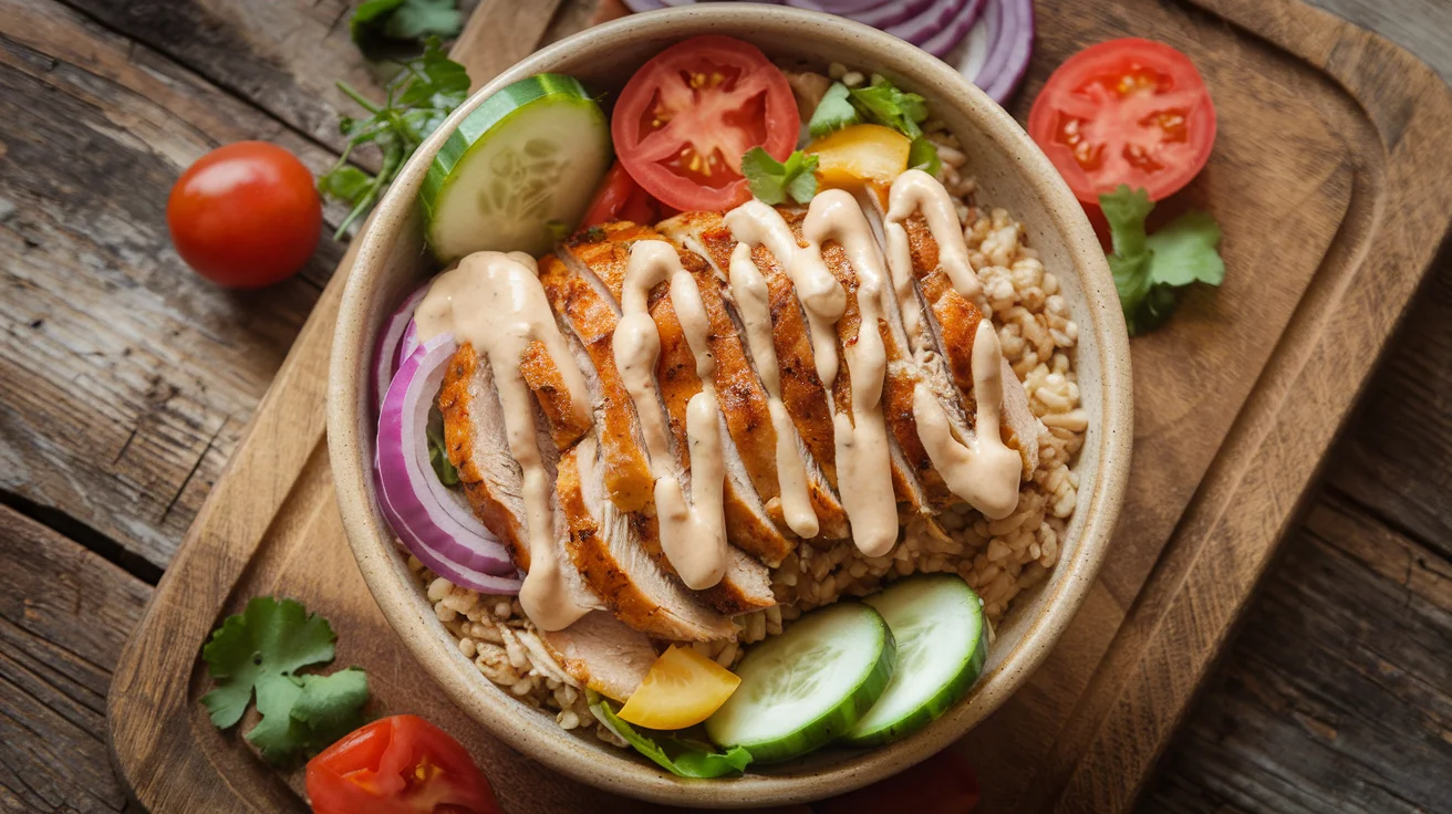 Delicious and healthy chicken shawarma bowl with marinated chicken, fresh vegetables, and tahini sauce, perfect for customizable meal ideas.