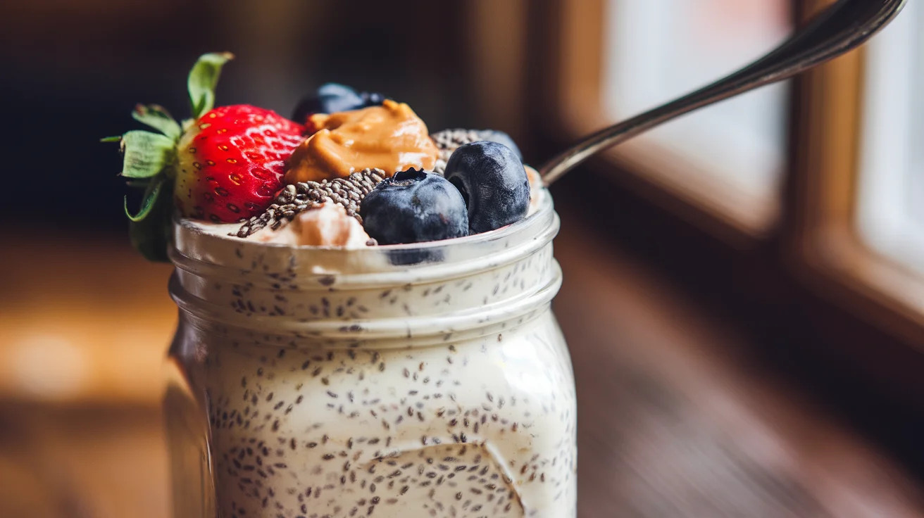 Delicious high-protein overnight oats topped with peanut butter, chia seeds, and fresh berries, ready to enjoy for a healthy breakfast.