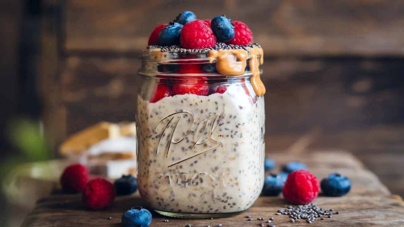 High protein vegan overnight oats in a mason jar topped with fresh berries, chia seeds, and peanut butter, showcasing a delicious, healthy breakfast option.