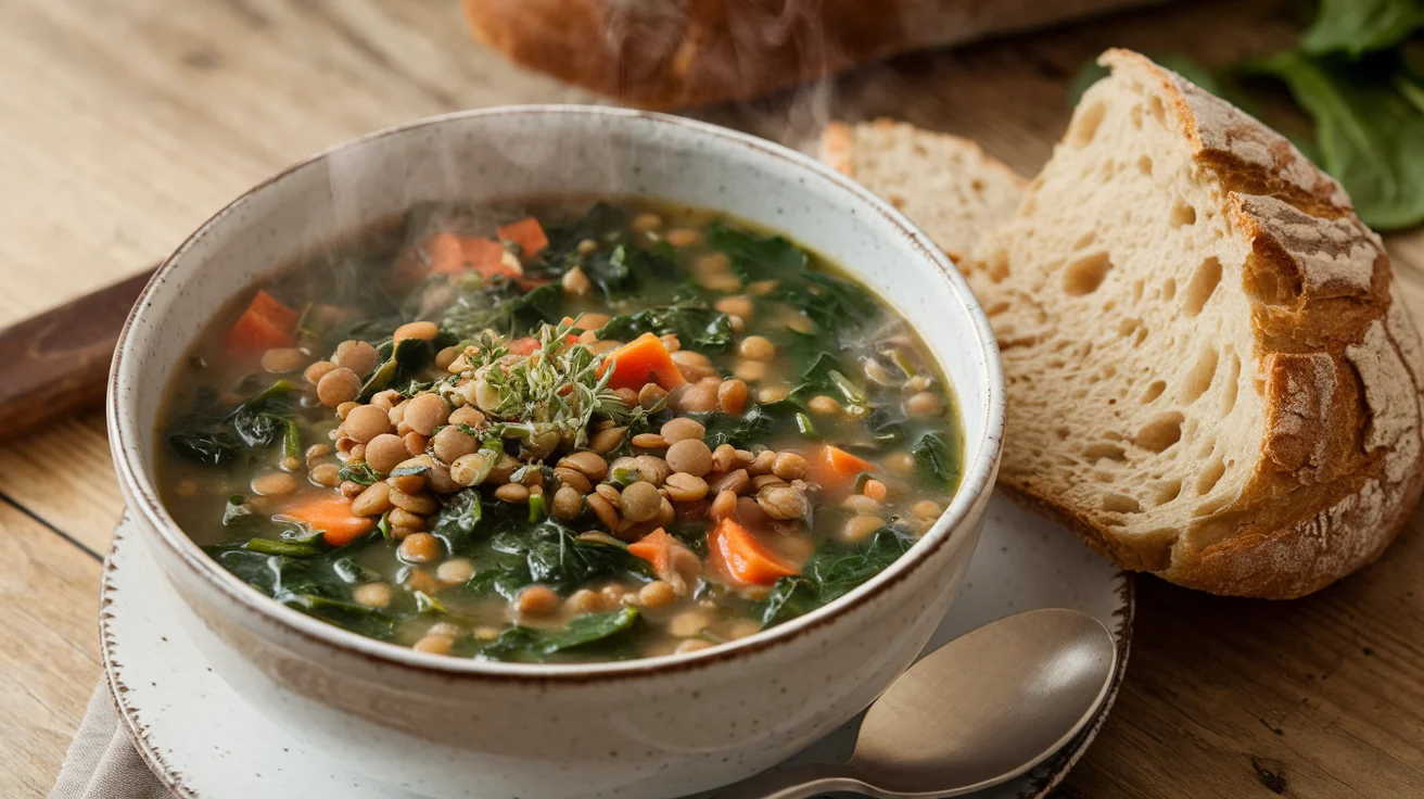 Final bowl of lentil spinach soup with lentils, spinach, and carrots, showcasing the nutritious and hearty meal, perfectly prepared for the lentil spinach soup recipe.