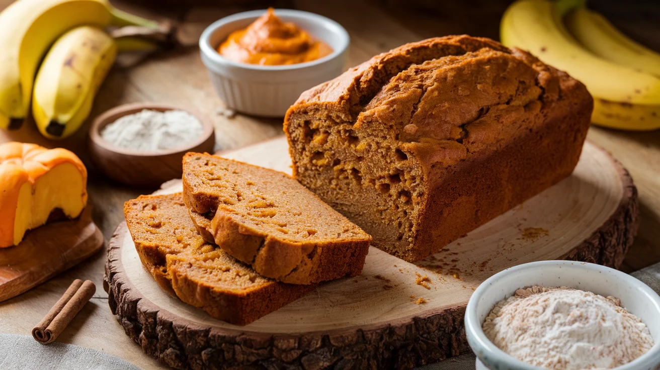 Freshly baked gluten-free pumpkin banana bread with visible slices and ingredients like ripe bananas, canned pumpkin, and gluten-free flour, showcasing the moist texture.