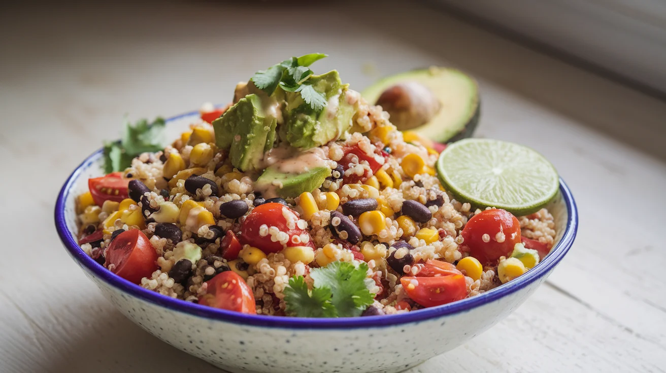 Delicious Mexican quinoa salad with fresh ingredients like avocado, cherry tomatoes, black beans, and corn, perfect for a healthy meal.