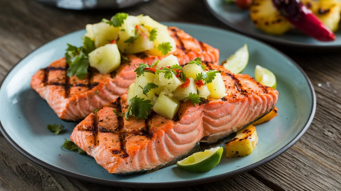 Grilled salmon with pineapple salsa on a rustic wooden table, showcasing the final dish of grilled salmon pineapple, perfectly cooked and topped with vibrant pineapple salsa.