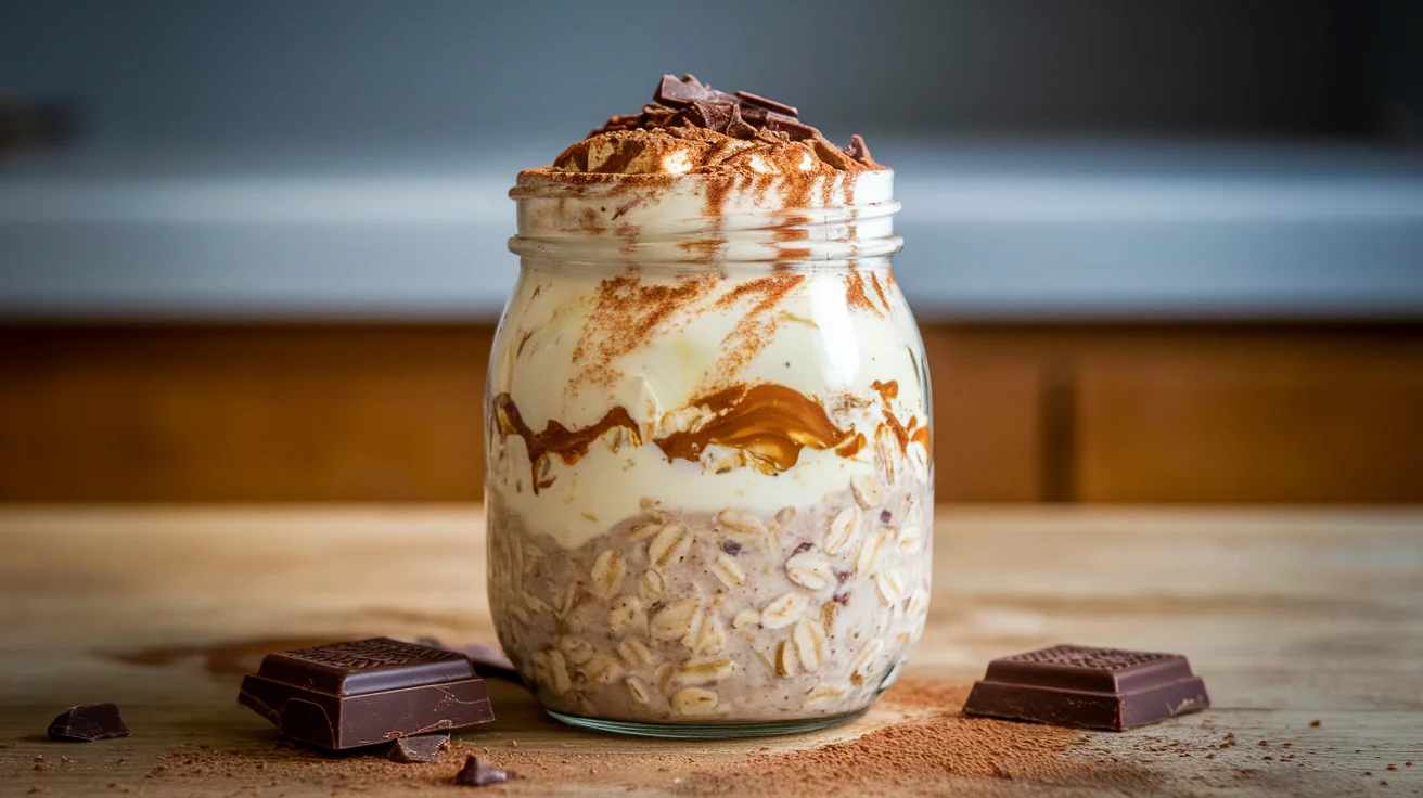 Tiramisu overnight oats served in a jar, showcasing layers of creamy mascarpone and coffee-infused oats, topped with cocoa powder and chocolate shavings, ready to enjoy.