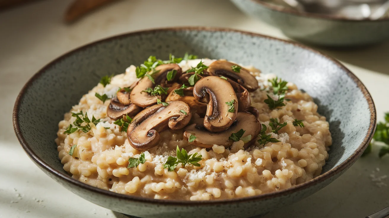 Delicious bowl of mushroom quinoa risotto garnished with fresh parsley and grated Parmesan, showcasing the creamy texture and savory mushrooms.