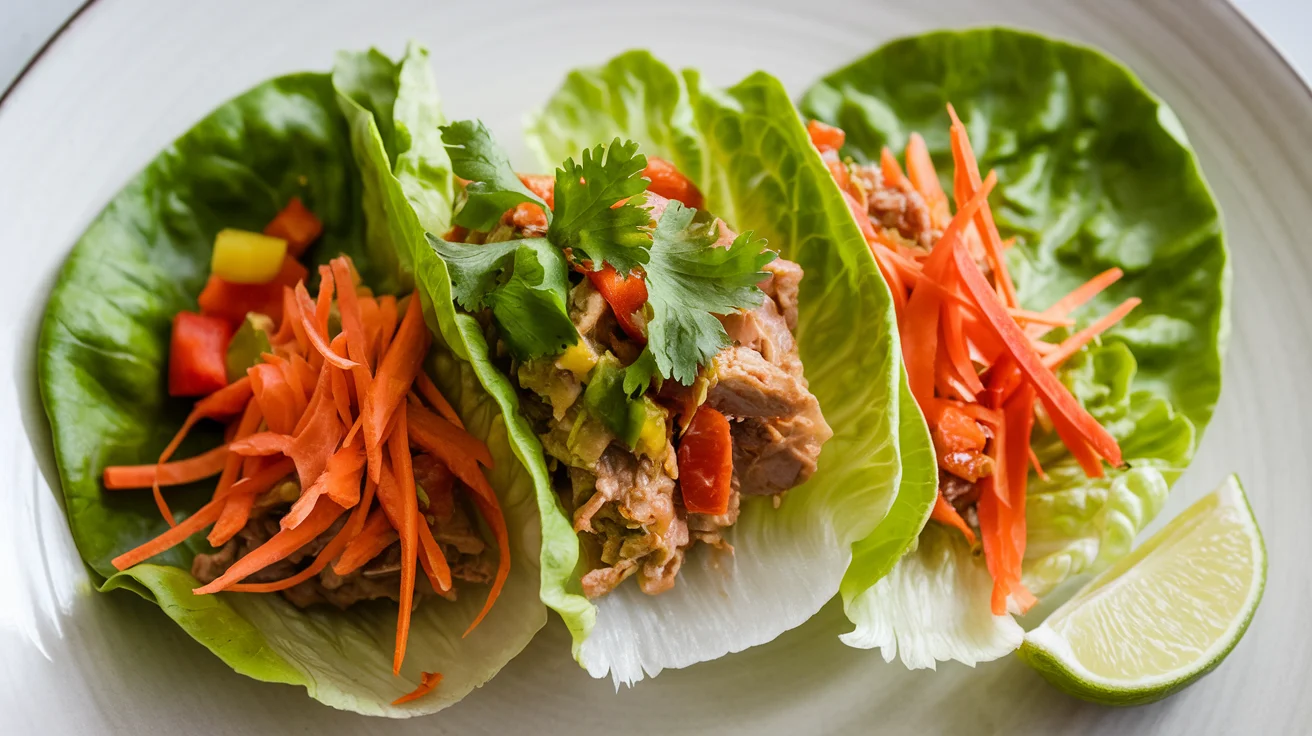 Final presentation of Thai turkey lettuce wraps with fresh ingredients like lettuce, shredded carrots, bell peppers, and cilantro, showcasing a healthy and flavorful meal.