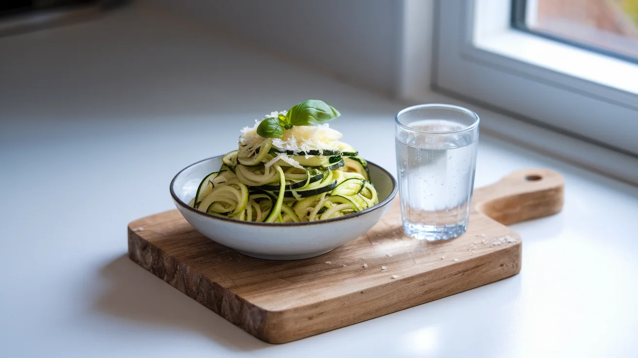 Air fryer zucchini noodles with parmesan cheese and fresh basil, showcasing a healthy, crispy low-carb meal in a minimalist kitchen setting.