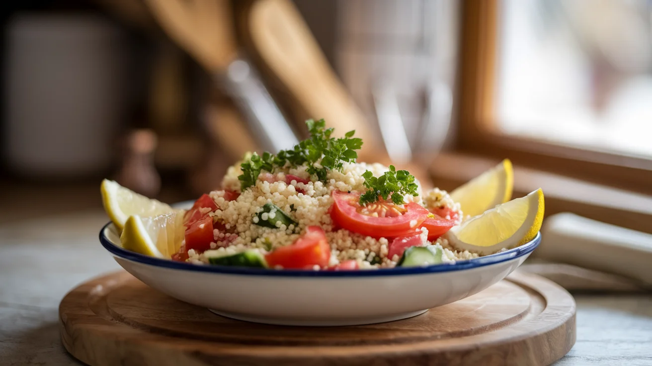 Delicious couscous salad with tomato and cucumber, topped with fresh herbs and lemon slices, showcasing the healthy and refreshing dish.