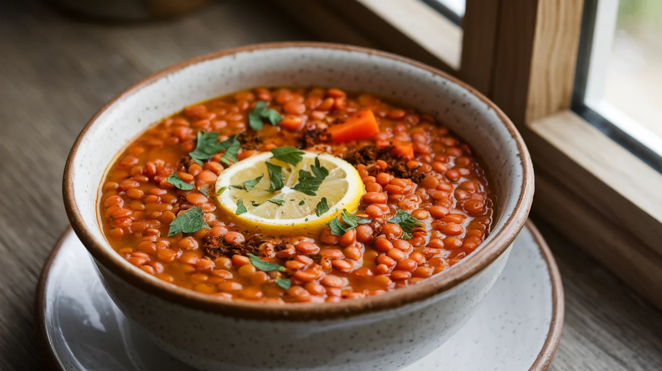 Delicious Turkish lentil soup (Mercimek Çorbası) served in a rustic bowl with red lentils, carrots, and spices, perfect for a healthy meal. A comforting dish from Turkish cuisine.