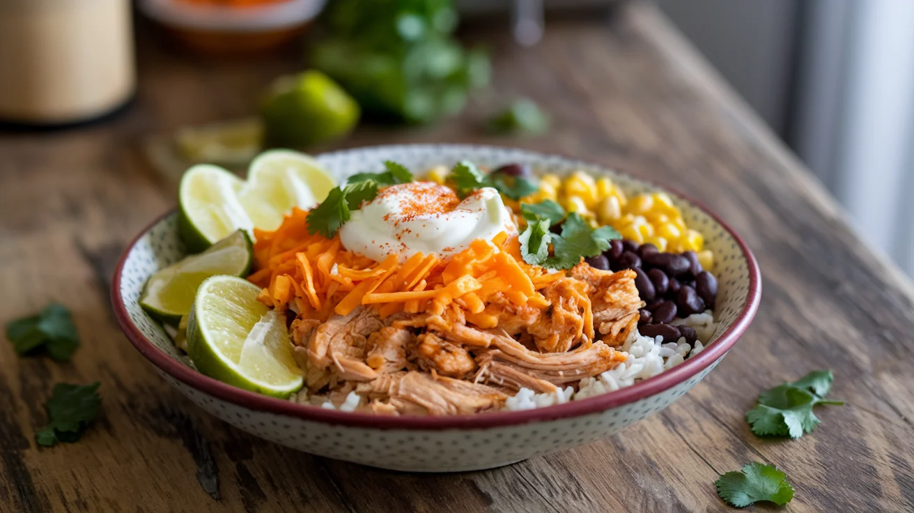 Delicious chicken taco bowl made in a slow cooker with shredded chicken, rice, black beans, corn, and vibrant toppings, ready to serve.