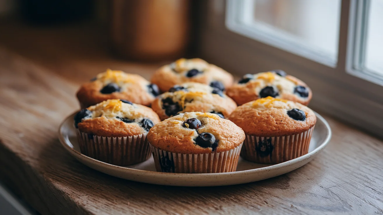 Freshly baked blueberry and lemon muffins with a golden-brown top and visible blueberries, perfect for breakfast or a sweet snack, showcasing the final outcome of the blueberry and lemon muffins recipe.