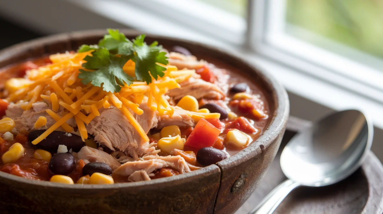 Slow Cooker Chicken Taco Chili with shredded chicken, beans, corn, and tomatoes in a rustic wooden bowl, representing a hearty, flavorful meal perfect for any occasion.