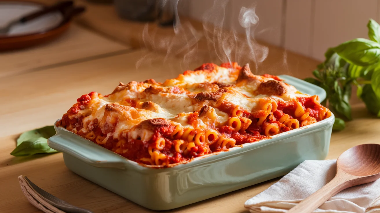 Meatless baked ziti served in a 9x13-inch dish with melted mozzarella cheese, marinara sauce, and creamy cheese filling, showcasing the final outcome of a baked ziti recipe no meat.