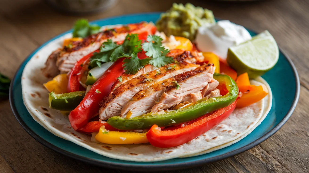 Instant Pot chicken fajitas with tender chicken, colorful bell peppers, and onions in a warm tortilla, garnished with lime and cilantro, showcasing the final dish.