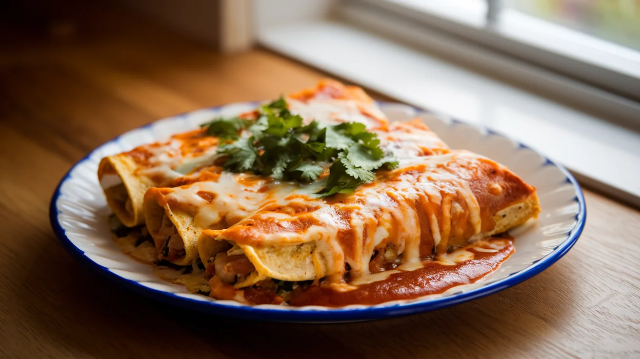 Healthy chicken enchiladas freshly baked with melted low-fat cheese, vibrant toppings, and a golden, bubbly texture, captured in a cozy kitchen setting.