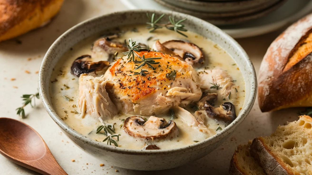 Delicious bowl of baked chicken and mushroom soup with tender chicken, creamy broth, and sautéed mushrooms, perfect for comfort food lovers.