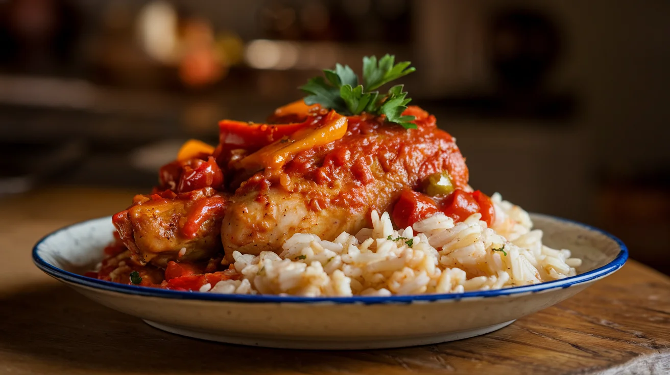 Plate of Chicken Cacciatore served with long-grain white rice, showcasing the best rice for Chicken Cacciatore, rich tomato sauce, and fresh herbs.