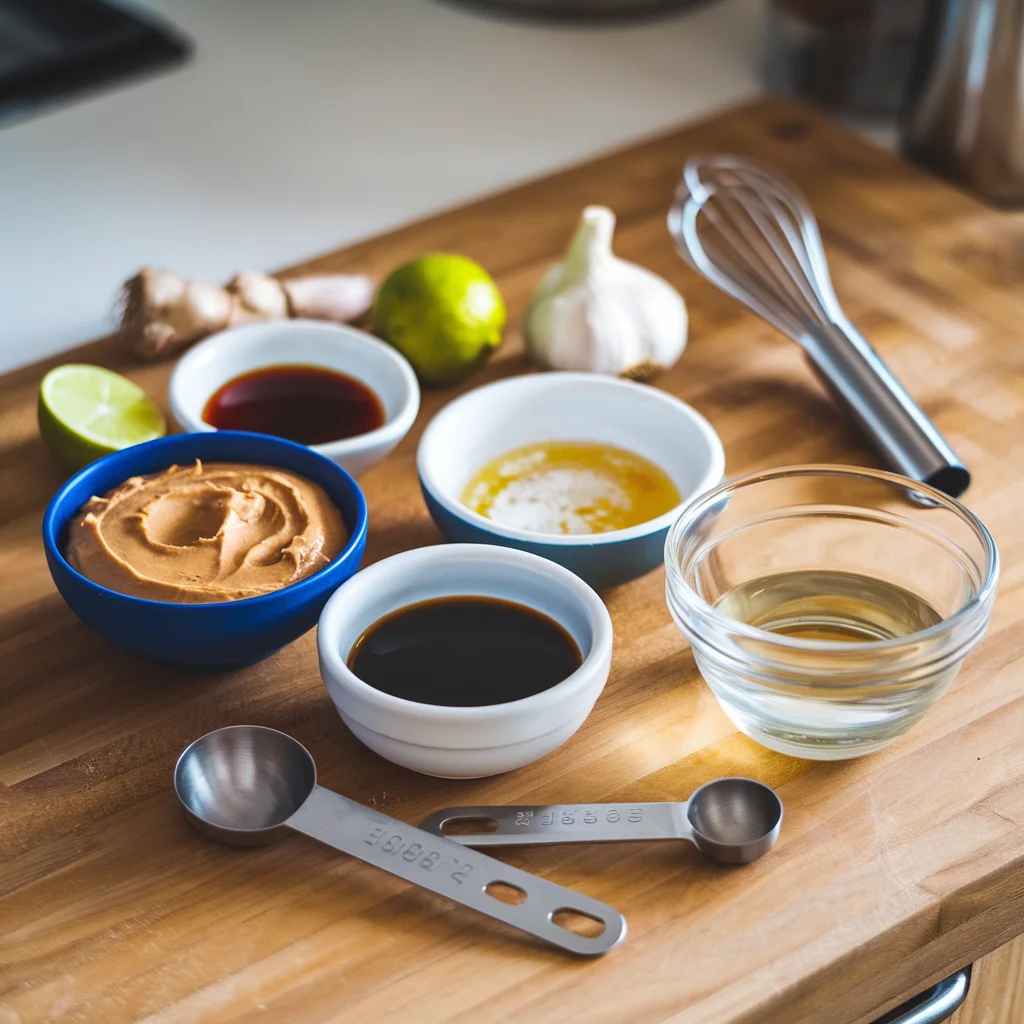 Ingredients for peanut sauce for lettuce wraps, including peanut butter, soy sauce, lime juice, garlic, and honey, ready for mixing.