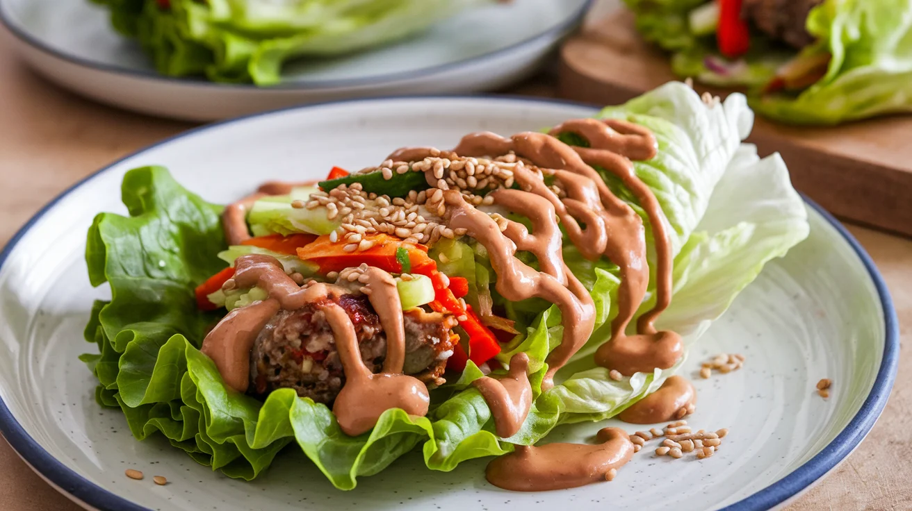 Delicious lettuce wraps with peanut sauce, featuring fresh ingredients and a creamy peanut drizzle, perfect for a satisfying meal.