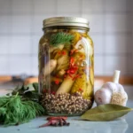 Spiced up jar of pickles with garlic, dill, mustard seeds, and red pepper flakes, showcasing the final result of how to spice up pickles.