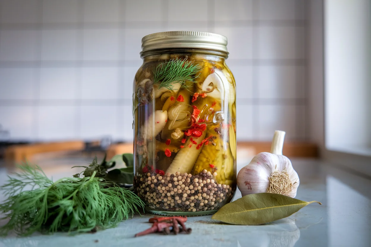 Spiced up jar of pickles with garlic, dill, mustard seeds, and red pepper flakes, showcasing the final result of how to spice up pickles.