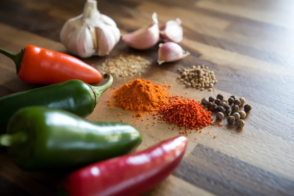 What Makes a Hot Pickle Hot ? A variety of fresh peppers (jalapeños, habaneros, cayennes) and spices like garlic, mustard seeds, and peppercorns on a wooden surface.