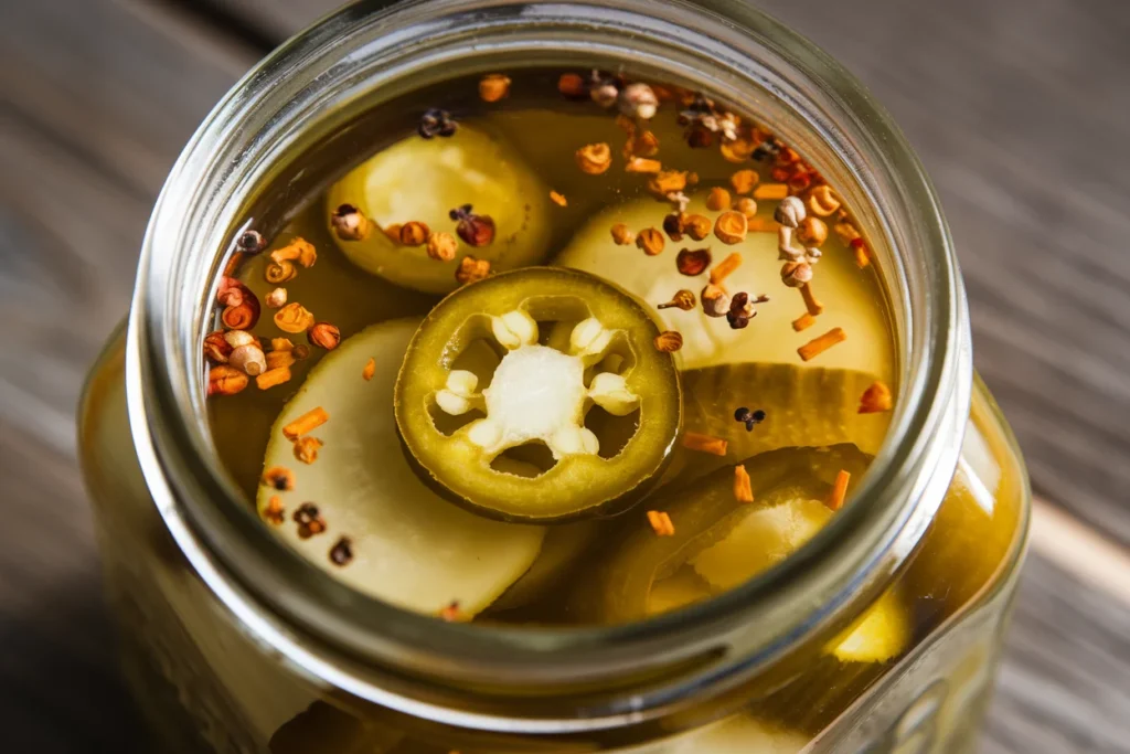 A jar of hot pickles soaking in brine, with jalapeño slices and spices visible in the liquid.