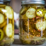 A jar of homemade hot pickles with jalapeños, cucumbers, and spices in brine.