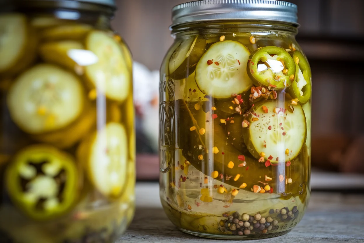 A jar of homemade hot pickles with jalapeños, cucumbers, and spices in brine.