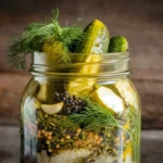 A jar of homemade pickles with various herbs and spices