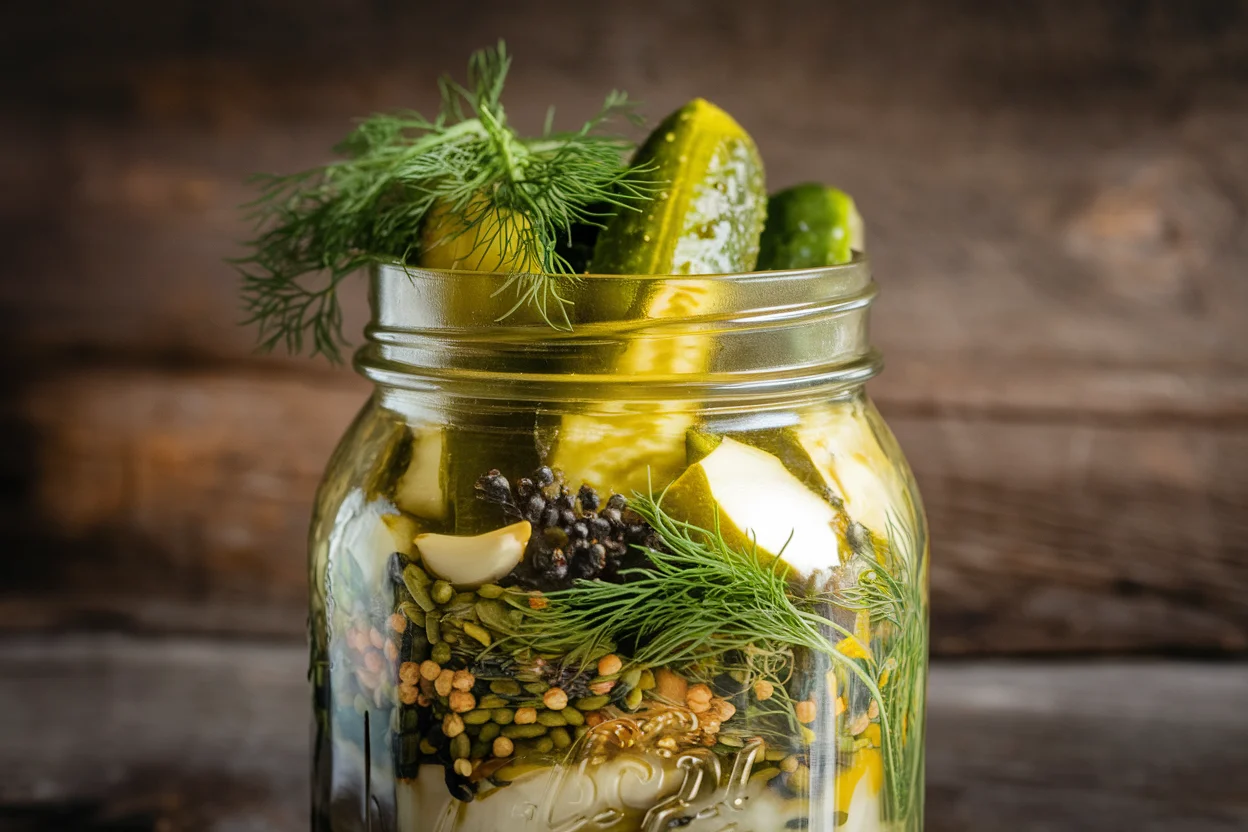 A jar of homemade pickles with various herbs and spices